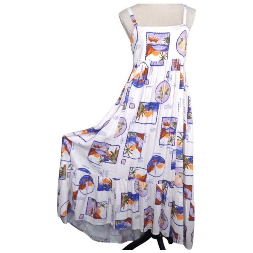 Paper Heart Maxi Dress Size S Pullover Postcard Print Rayon Linen Blend Pockets